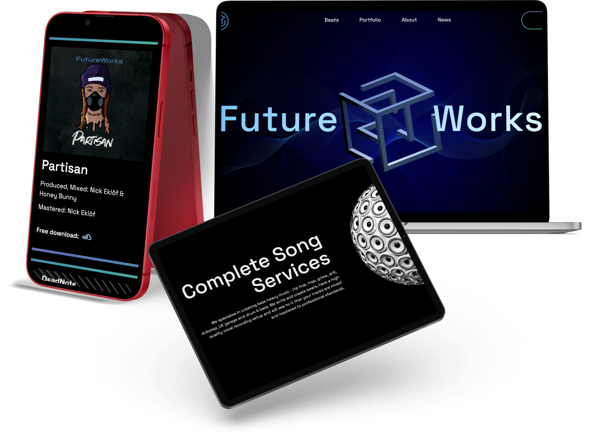 Mockup of the FutureWorks site on desktop, tablet, and mobile